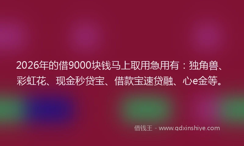 2026年的借9000块钱马上取用急用有：独角兽、彩虹花、现金秒贷宝、借款宝速贷融、心e金等。