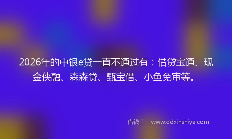 2026年的中银e贷一直不通过有：借贷宝通、现金侠融、森森贷、甄宝借、小鱼免审等。