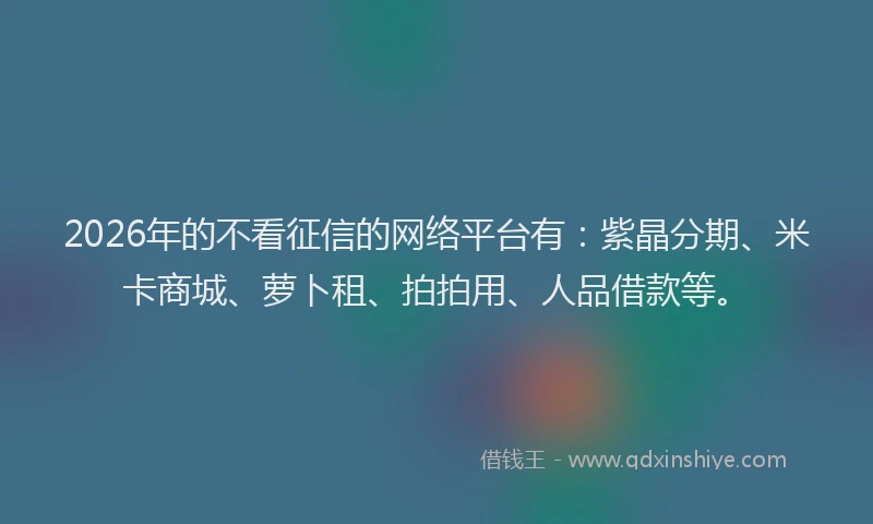 2026年的不看征信的网络平台有：紫晶分期、米卡商城、萝卜租、拍拍用、人品借款等。