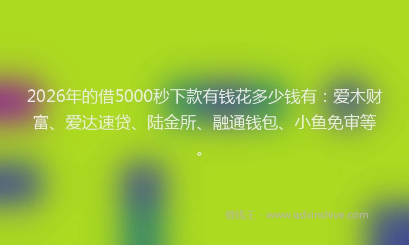 2026年的借5000秒下款有钱花多少钱有：爱木财富、爱达速贷、陆金所、融通钱包、小鱼免审等。