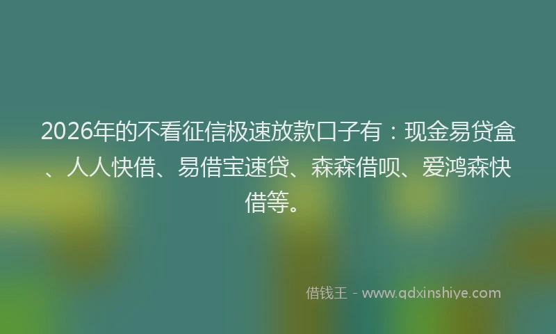 2026年的不看征信极速放款口子有：现金易贷盒、人人快借、易借宝速贷、森森借呗、爱鸿森快借等。