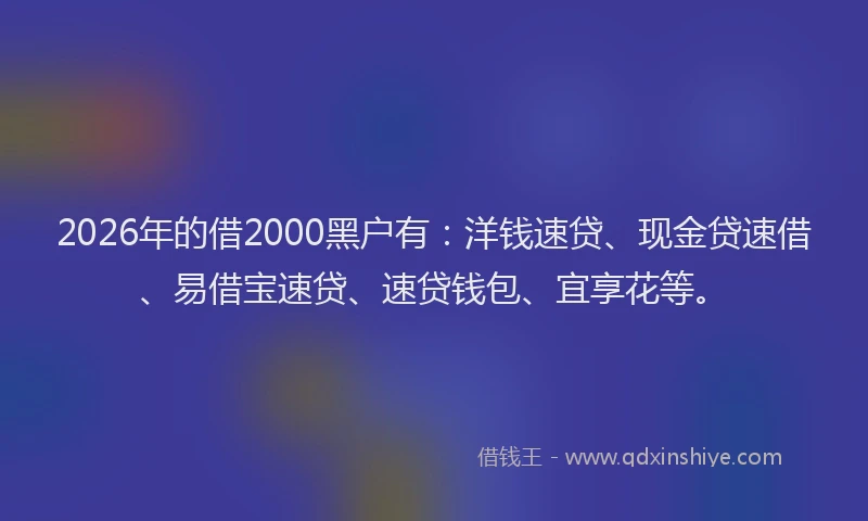 2026年的借2000黑户有：洋钱速贷、现金贷速借、易借宝速贷、速贷钱包、宜享花等。