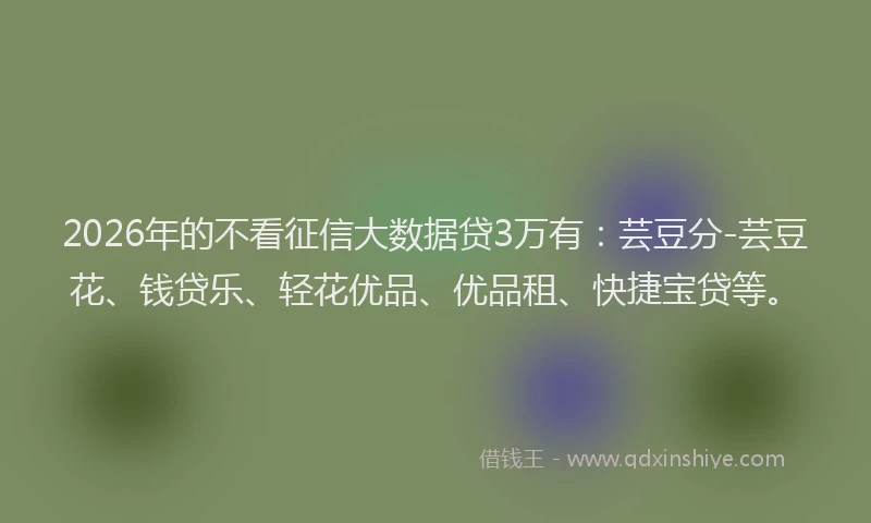 2026年的不看征信大数据贷3万有：芸豆分-芸豆花、钱贷乐、轻花优品、优品租、快捷宝贷等。