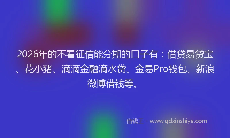 2026年的不看征信能分期的口子有：借贷易贷宝、花小猪、滴滴金融滴水贷、金易Pro钱包、新浪微博借钱等。