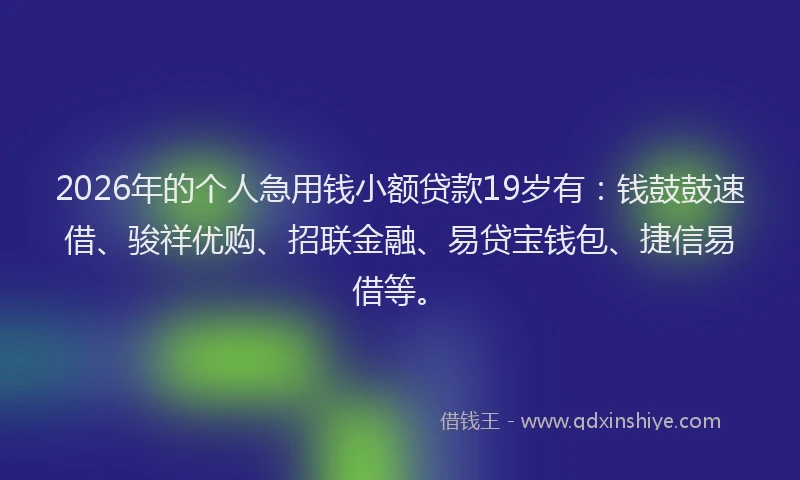 2026年的个人急用钱小额贷款19岁有：钱鼓鼓速借、骏祥优购、招联金融、易贷宝钱包、捷信易借等。