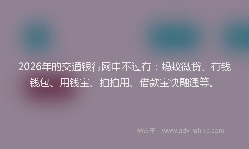 2026年的交通银行网申不过有：蚂蚁微贷、有钱钱包、用钱宝、拍拍用、借款宝快融通等。