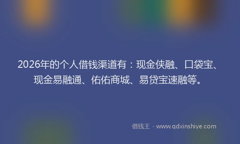 2026年的个人借钱渠道有：现金侠融、口袋宝、现金易融通、佑佑商城、易贷宝速融等。