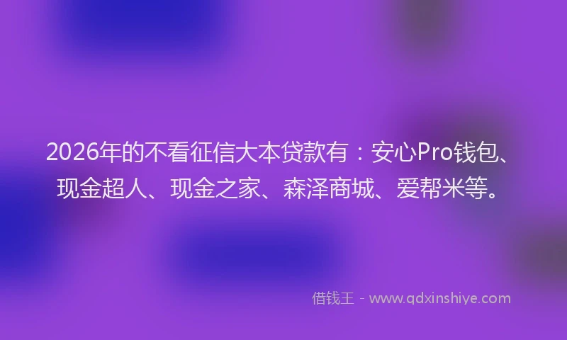 2026年的不看征信大本贷款有：安心Pro钱包、现金超人、现金之家、森泽商城、爱帮米等。