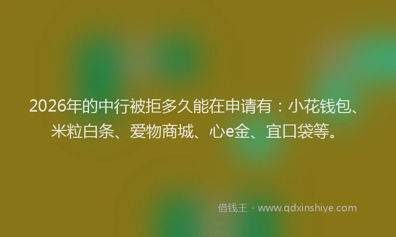 2026年的中行被拒多久能在申请有：小花钱包、米粒白条、爱物商城、心e金、宜口袋等。