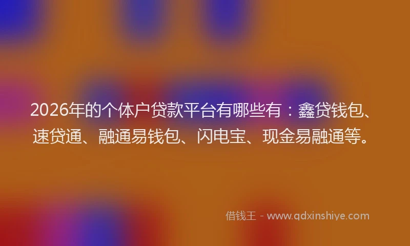 2026年的个体户贷款平台有哪些有：鑫贷钱包、速贷通、融通易钱包、闪电宝、现金易融通等。