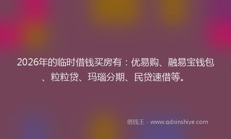 2026年的临时借钱买房有：优易购、融易宝钱包、粒粒贷、玛瑙分期、民贷速借等。