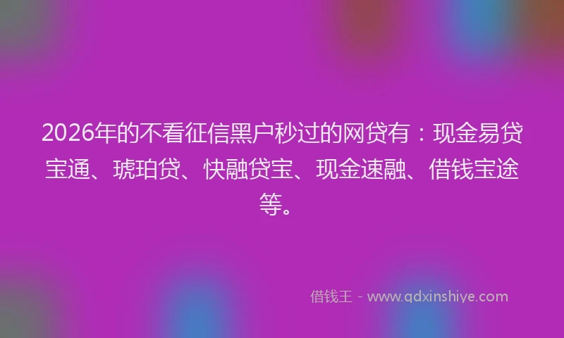 2026年的不看征信黑户秒过的网贷有：现金易贷宝通、琥珀贷、快融贷宝、现金速融、借钱宝途等。