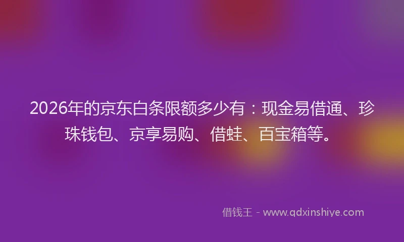 2026年的京东白条限额多少有：现金易借通、珍珠钱包、京享易购、借蛙、百宝箱等。