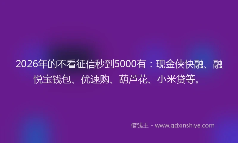 2026年的不看征信秒到5000有：现金侠快融、融悦宝钱包、优速购、葫芦花、小米贷等。