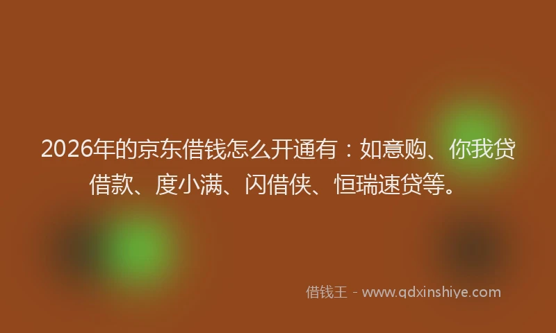 2026年的京东借钱怎么开通有：如意购、你我贷借款、度小满、闪借侠、恒瑞速贷等。
