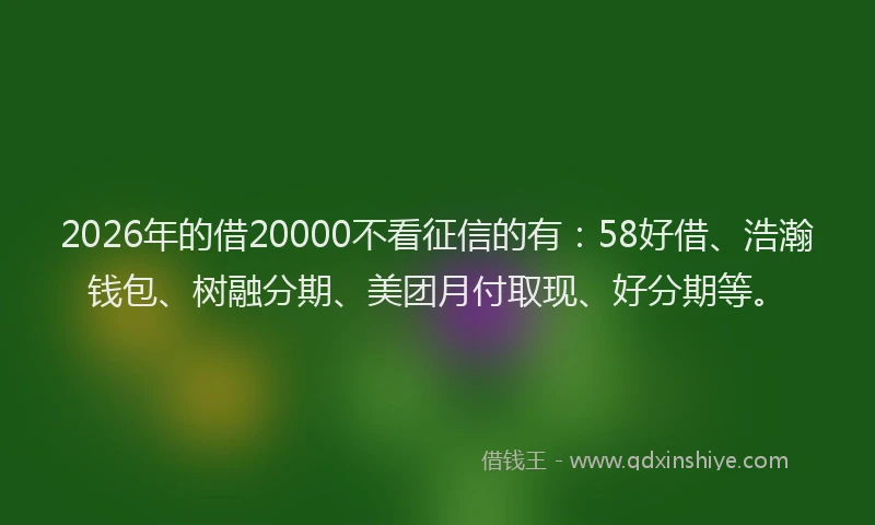 2026年的借20000不看征信的有：58好借、浩瀚钱包、树融分期、美团月付取现、好分期等。