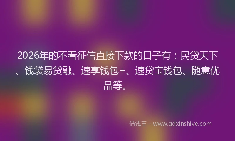 2026年的不看征信直接下款的口子有：民贷天下、钱袋易贷融、速享钱包+、速贷宝钱包、随意优品等。