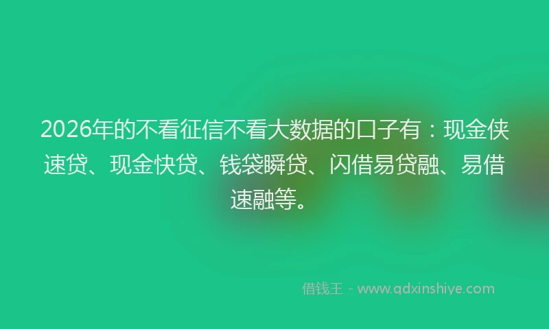 2026年的不看征信不看大数据的口子有：现金侠速贷、现金快贷、钱袋瞬贷、闪借易贷融、易借速融等。