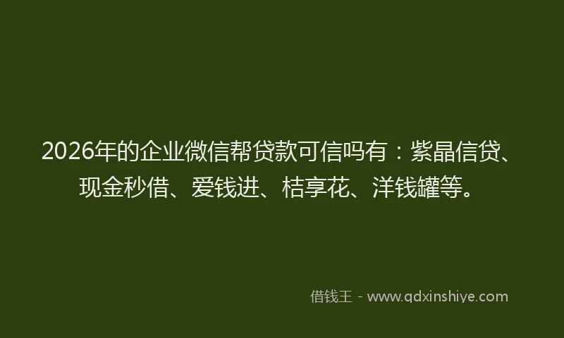 2026年的企业微信帮贷款可信吗有：紫晶信贷、现金秒借、爱钱进、桔享花、洋钱罐等。