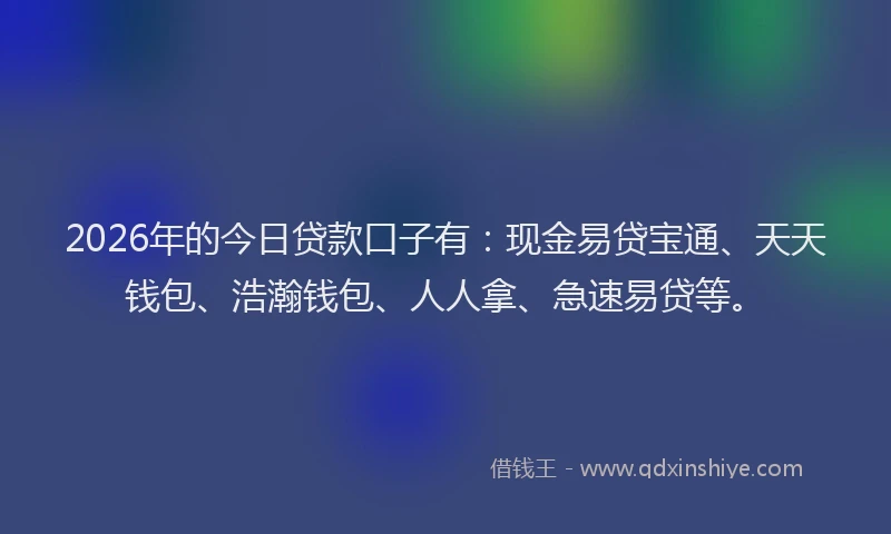 2026年的今日贷款口子有：现金易贷宝通、天天钱包、浩瀚钱包、人人拿、急速易贷等。
