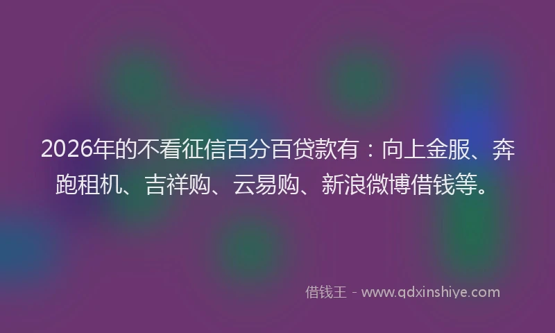 2026年的不看征信百分百贷款有：向上金服、奔跑租机、吉祥购、云易购、新浪微博借钱等。
