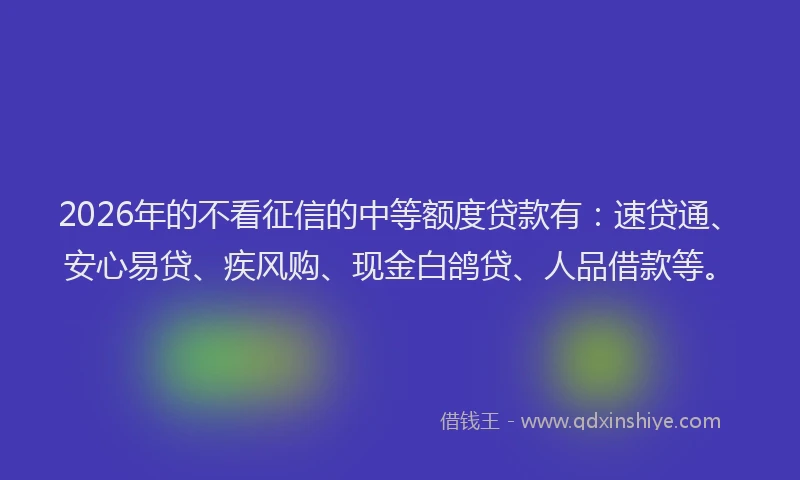 2026年的不看征信的中等额度贷款有：速贷通、安心易贷、疾风购、现金白鸽贷、人品借款等。