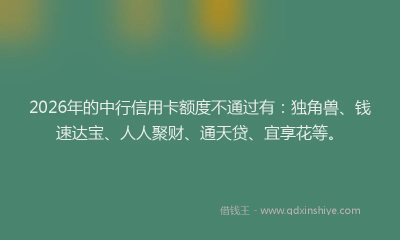 2026年的中行信用卡额度不通过有：独角兽、钱速达宝、人人聚财、通天贷、宜享花等。