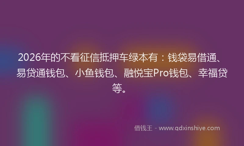 2026年的不看征信抵押车绿本有：钱袋易借通、易贷通钱包、小鱼钱包、融悦宝Pro钱包、幸福贷等。