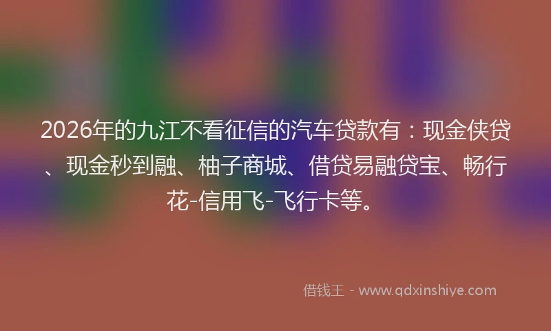 2026年的九江不看征信的汽车贷款有：现金侠贷、现金秒到融、柚子商城、借贷易融贷宝、畅行花-信用飞-飞行卡等。