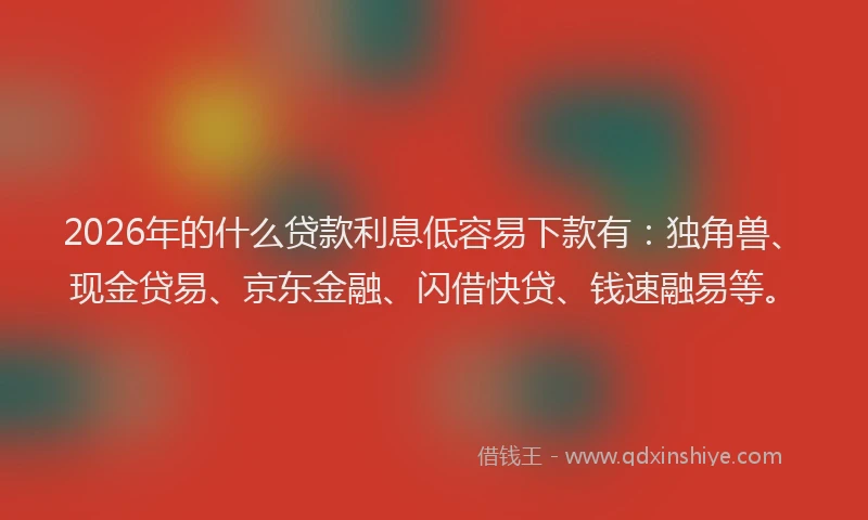 2026年的什么贷款利息低容易下款有：独角兽、现金贷易、京东金融、闪借快贷、钱速融易等。