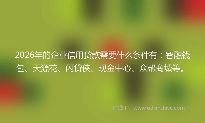 2026年的企业信用贷款需要什么条件有：智融钱包、天源花、闪贷侠、现金中心、众帮商城等。