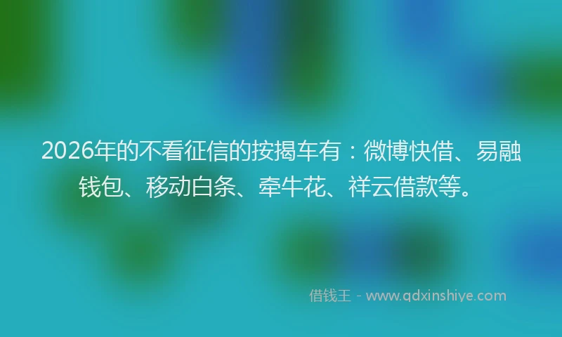 2026年的不看征信的按揭车有：微博快借、易融钱包、移动白条、牵牛花、祥云借款等。