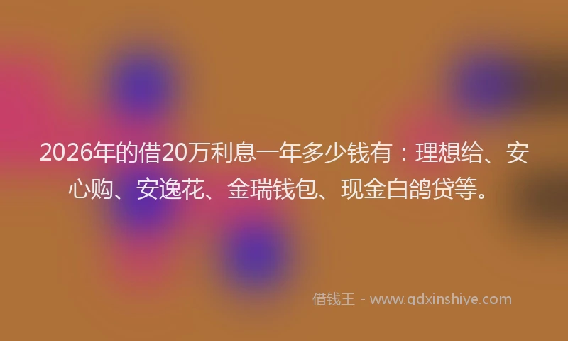 2026年的借20万利息一年多少钱有：理想给、安心购、安逸花、金瑞钱包、现金白鸽贷等。
