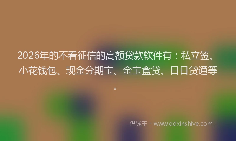 2026年的不看征信的高额贷款软件有：私立签、小花钱包、现金分期宝、金宝盒贷、日日贷通等。