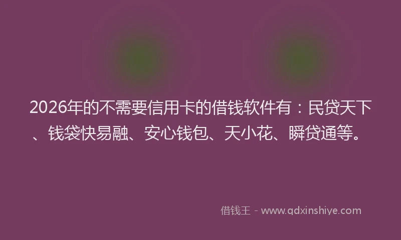 2026年的不需要信用卡的借钱软件有：民贷天下、钱袋快易融、安心钱包、天小花、瞬贷通等。