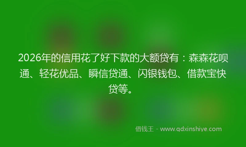 2026年的信用花了好下款的大额贷有：森森花呗通、轻花优品、瞬信贷通、闪银钱包、借款宝快贷等。