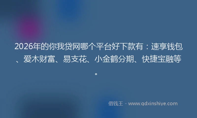 2026年的你我贷网哪个平台好下款有：速享钱包、爱木财富、易支花、小金鹤分期、快捷宝融等。