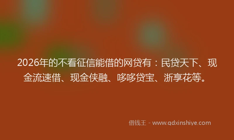 2026年的不看征信能借的网贷有：民贷天下、现金流速借、现金侠融、哆哆贷宝、浙享花等。
