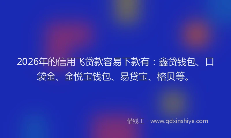 2026年的信用飞贷款容易下款有：鑫贷钱包、口袋金、金悦宝钱包、易贷宝、榕贝等。