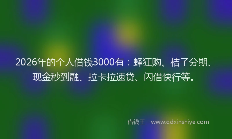 2026年的个人借钱3000有：蜂狂购、桔子分期、现金秒到融、拉卡拉速贷、闪借快行等。