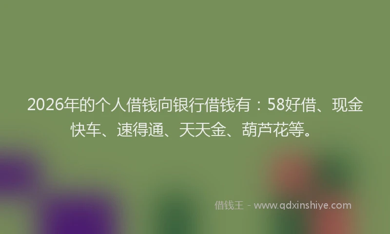 2026年的个人借钱向银行借钱有：58好借、现金快车、速得通、天天金、葫芦花等。