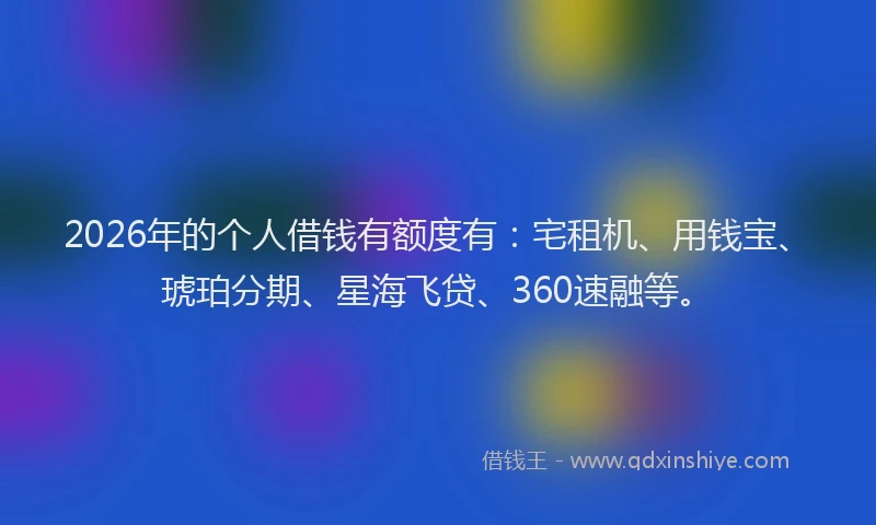 2026年的个人借钱有额度有：宅租机、用钱宝、琥珀分期、星海飞贷、360速融等。