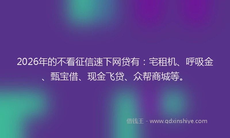 2026年的不看征信速下网贷有：宅租机、呼吸金、甄宝借、现金飞贷、众帮商城等。