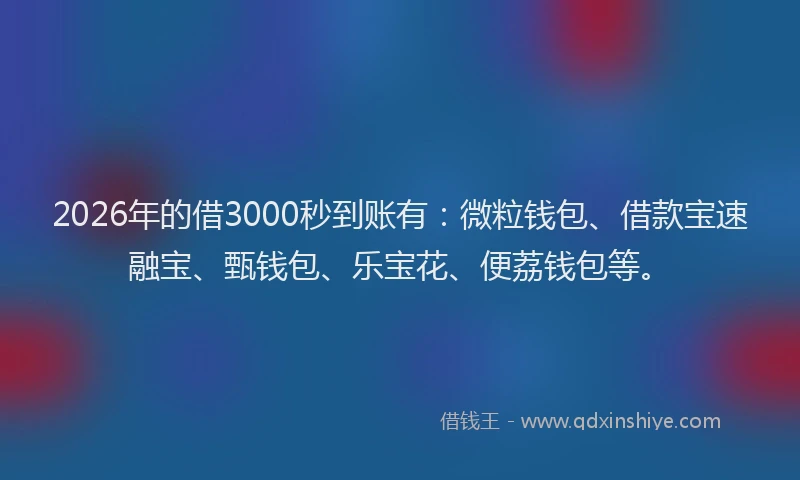 2026年的借3000秒到账有：微粒钱包、借款宝速融宝、甄钱包、乐宝花、便荔钱包等。