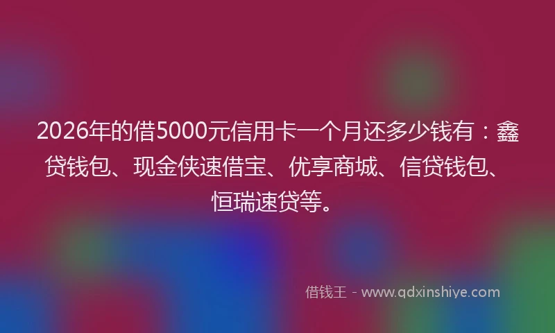 2026年的借5000元信用卡一个月还多少钱有：鑫贷钱包、现金侠速借宝、优享商城、信贷钱包、恒瑞速贷等。