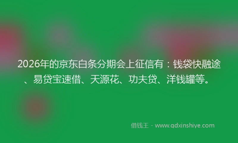 2026年的京东白条分期会上征信有：钱袋快融途、易贷宝速借、天源花、功夫贷、洋钱罐等。