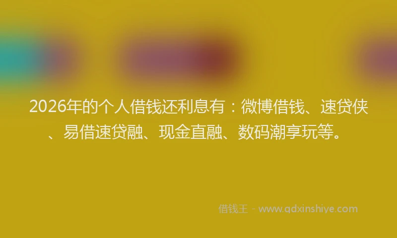 2026年的个人借钱还利息有：微博借钱、速贷侠、易借速贷融、现金直融、数码潮享玩等。