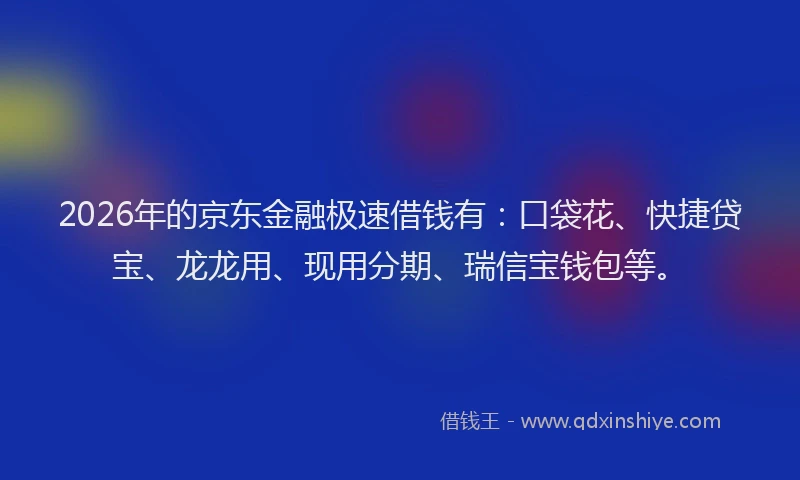 2026年的京东金融极速借钱有：口袋花、快捷贷宝、龙龙用、现用分期、瑞信宝钱包等。