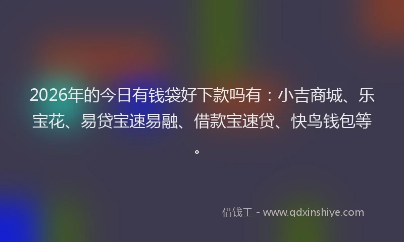 2026年的今日有钱袋好下款吗有：小吉商城、乐宝花、易贷宝速易融、借款宝速贷、快鸟钱包等。