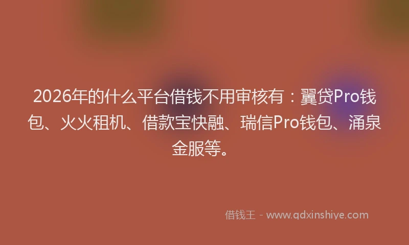 2026年的什么平台借钱不用审核有：翼贷Pro钱包、火火租机、借款宝快融、瑞信Pro钱包、涌泉金服等。